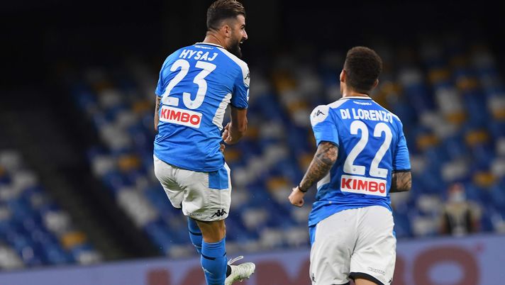 NAPLES, ITALY - JULY 25: Elseid Hysaj of Napoli celebrates after scoring the first goal during the Serie A match between SSC Napoli and US Sassuolo at Stadio San Paolo on July 25, 2020 in Naples, Italy. (Photo by SSC NAPOLI/SSC NAPOLI via Getty Images)  NAPLES, ITALY - JULY 25: Elseid Hysaj of Napoli celebrates after scoring the first goal during the Serie A match between SSC Napoli and US Sassuolo at Stadio San Paolo on July 25, 2020 in Naples, Italy. (Photo by SSC NAPOLI/SSC NAPOLI via Getty Images)