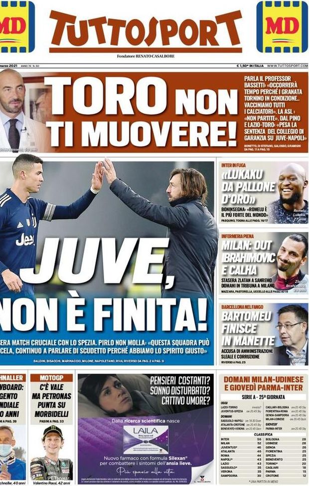 Tuttosport, la prima pagina di oggi, martedì 2 marzo 2021 