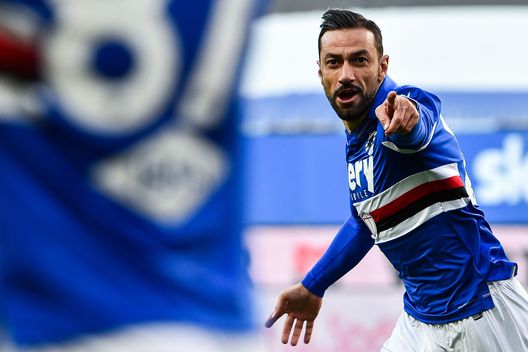GENOA, ITALY FEBRUARY 14: Fabio Quagliarella of UC Sampdoria celebrates during the Serie A match between UC Sampdoria and ACF Fiorentina- Serie A at Stadio Luigi Ferraris on February 14, 2021 in Genoa, Italy. (Photo by Paolo Rattini/Getty Images) GENOA, ITALY FEBRUARY 14: Fabio Quagliarella of UC Sampdoria celebrates during the Serie A match between UC Sampdoria and ACF Fiorentina- Serie A at Stadio Luigi Ferraris on February 14, 2021 in Genoa, Italy. (Photo by Paolo Rattini/Getty Images)