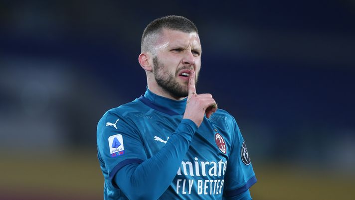 ROME, ITALY - FEBRUARY 28: Ante Rebic of AC Milan celebrates after scoring their side's second goal during the Serie A match between AS Roma and AC Milan at Stadio Olimpico on February 28, 2021 in Rome, Italy. Sporting stadiums around Italy remain under strict restrictions due to the Coronavirus Pandemic as Government social distancing laws prohibit fans inside venues resulting in games being played behind closed doors. (Photo by Paolo Bruno/Getty Images) ROME, ITALY - FEBRUARY 28: Ante Rebic of AC Milan celebrates after scoring their side's second goal during the Serie A match between AS Roma and AC Milan at Stadio Olimpico on February 28, 2021 in Rome, Italy. Sporting stadiums around Italy remain under strict restrictions due to the Coronavirus Pandemic as Government social distancing laws prohibit fans inside venues resulting in games being played behind closed doors. (Photo by Paolo Bruno/Getty Images)