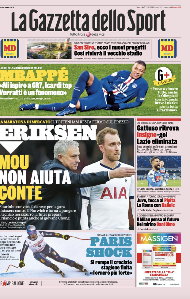 LE PRIME PAGINE DEI QUOTIDIANI SPORTIVI DEL 22.1
