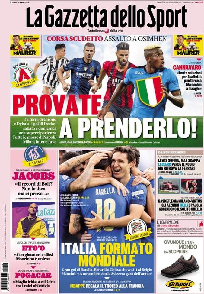 Prima Pagina, La Gazzetta dello Sport: “Provate a prenderlo! Italia formato mondiale” - immagine 1
