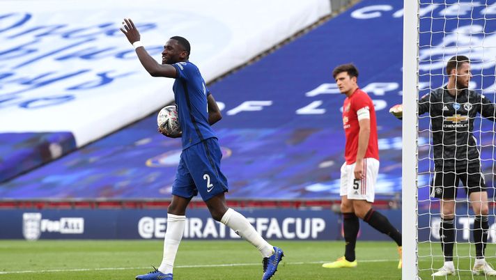 LONDON, ENGLAND - JULY 19: Antonio Rudiger of Chelsea celebrates with his team after Harry Maguire of Manchester United scores an own goal to lead to Chelsea third goal during the FA Cup Semi Final match between Manchester United and Chelsea at Wembley Stadium on July 19, 2020 in London, England. Football Stadiums around Europe remain empty due to the Coronavirus Pandemic as Government social distancing laws prohibit fans inside venues resulting in all fixtures being played behind closed doors. (Photo by Andy Rain/Pool via Getty Images) LONDON, ENGLAND - JULY 19: Antonio Rudiger of Chelsea celebrates with his team after Harry Maguire of Manchester United scores an own goal to lead to Chelsea third goal during the FA Cup Semi Final match between Manchester United and Chelsea at Wembley Stadium on July 19, 2020 in London, England. Football Stadiums around Europe remain empty due to the Coronavirus Pandemic as Government social distancing laws prohibit fans inside venues resulting in all fixtures being played behind closed doors. (Photo by Andy Rain/Pool via Getty Images)
