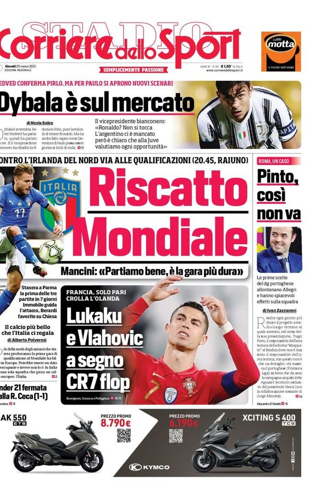 Prima Pagina, Corriere dello Sport: “Riscatto Mondiale. Dybala è sul mercato. CR7 flop”  Prima Pagina, Corriere dello Sport: “Riscatto Mondiale. Dybala è sul mercato. CR7 flop”