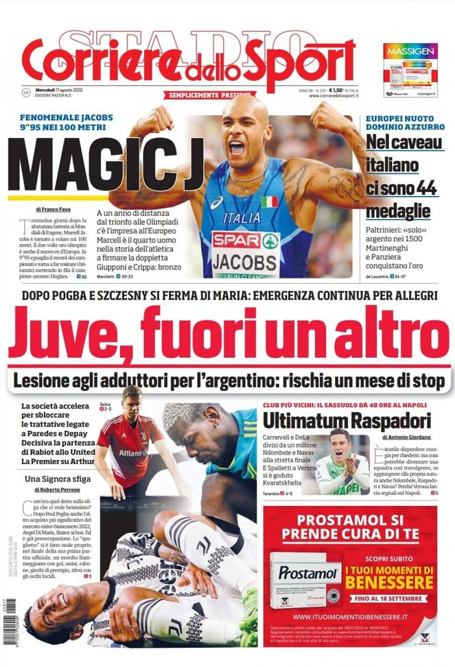 Il Corriere dello Sport, la prima pagina di oggi, mercoledì 17 agosto 2022 Il Corriere dello Sport