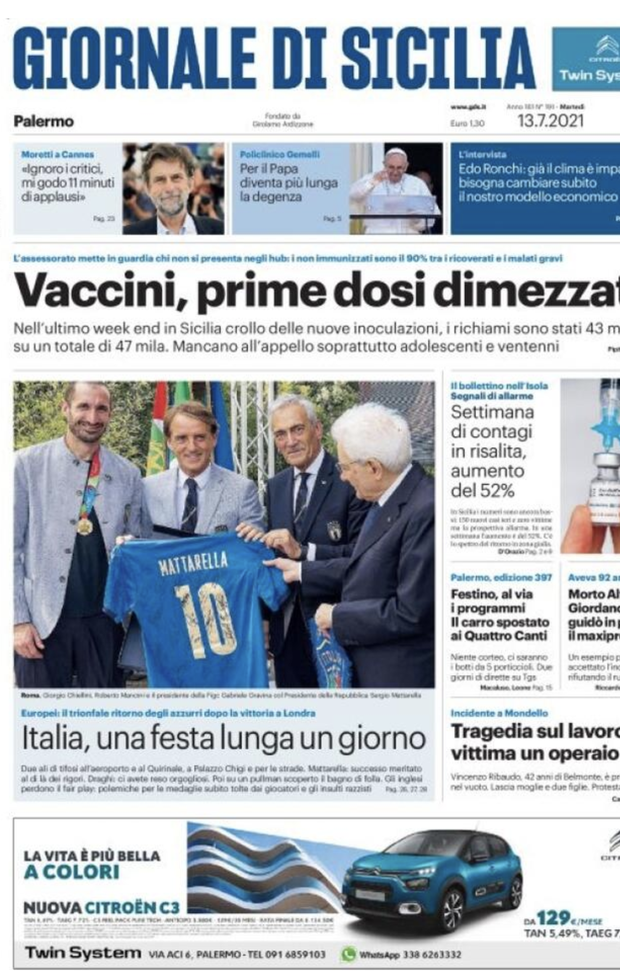 Prima Pagina, Giornale di Sicilia: &#8220;Italia, una festa lunga un giorno&#8221; 