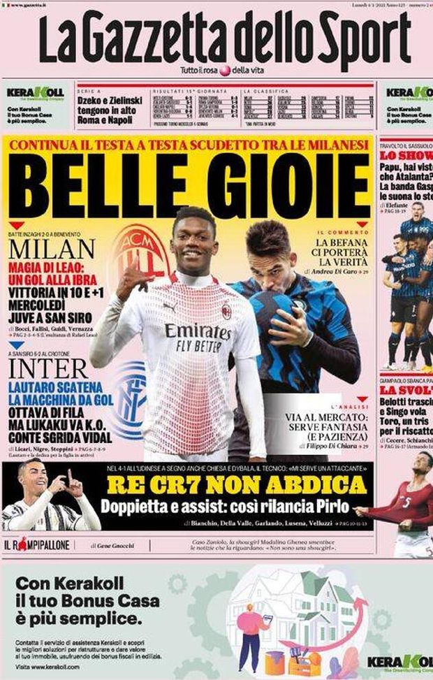 Prima Pagina, La Gazzetta dello Sport: “Belle gioie, testa a testa scudetto. CR7 non abdica” Prima Pagina, La Gazzetta dello Sport: “Belle gioie, testa a testa scudetto. CR7 non abdica”
