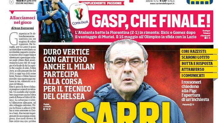 Prima Pagina, Corriere dello Sport: “Sarri torna. Gasp, che finale! La Champions secondo Agnelli” 