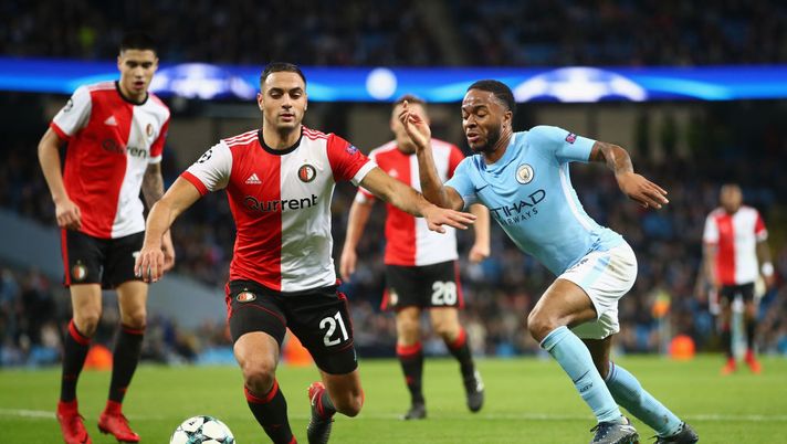 MANCHESTER, ENGLAND - NOVEMBER 21:  Raheem Sterling of Manchester City takes on Sofyan Amrabat of Feyenoord during the UEFA Champions League group F match between Manchester City and Feyenoord at Etihad Stadium on November 21, 2017 in Manchester, United Kingdom.  (Photo by Clive Brunskill/Getty Images) 