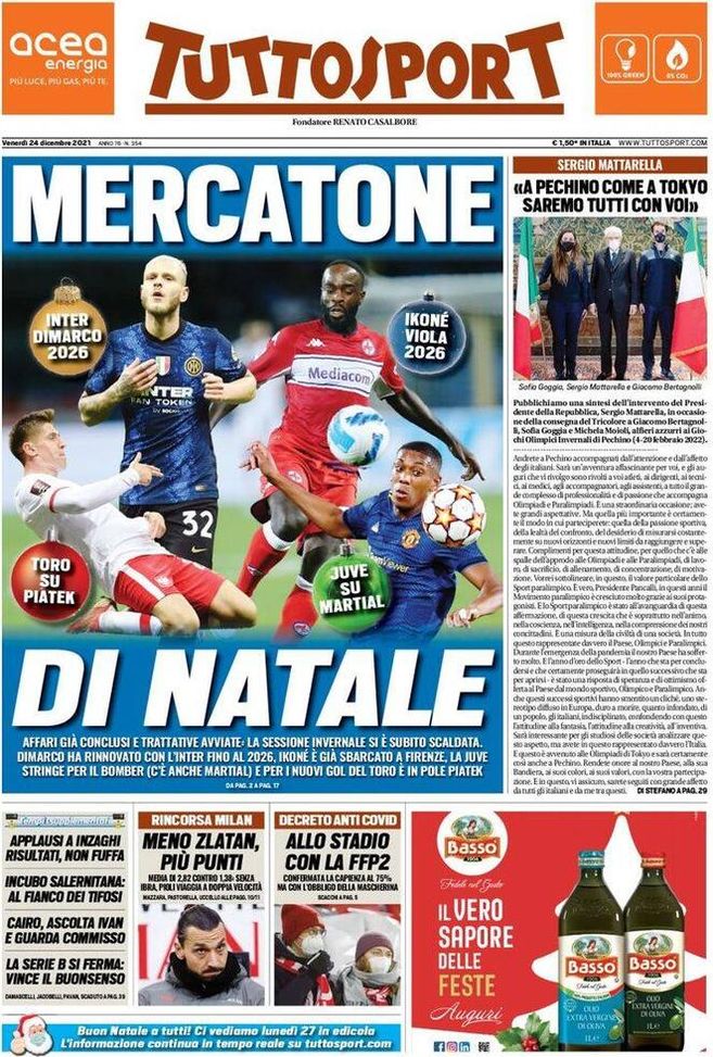 Prima Pagina, Tuttosport: “Mercatone di Natale. Allo stadio con la FFP2”  Prima Pagina