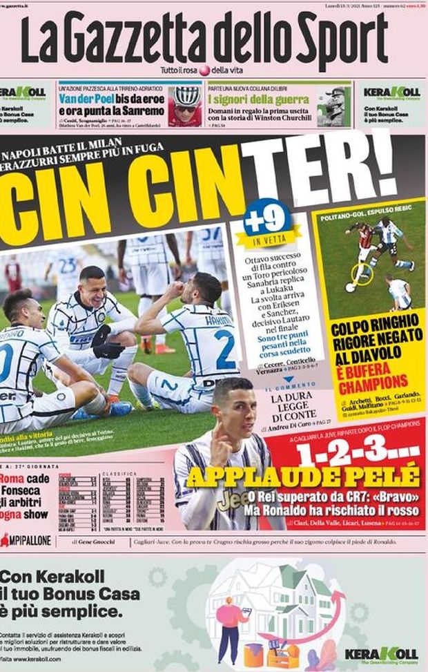 Cin cin InterPrima Pagina, La Gazzetta dello Sport: “Cin cin Inter. Colpo Ringhio, rigore negato al Milan” 