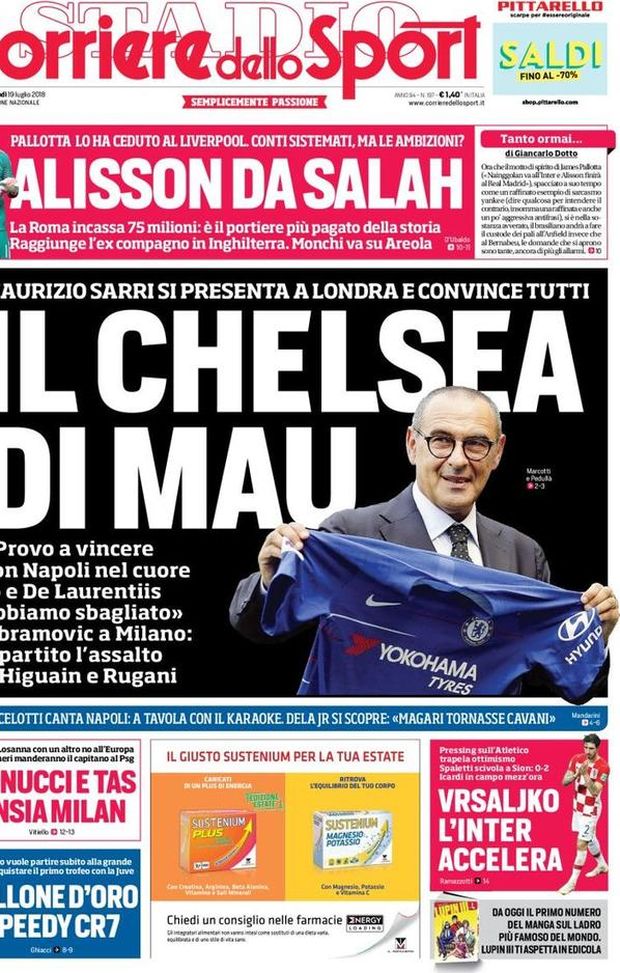 Prima Pagina, Corriere dello Sport: “Il Chelsea di Mau. Alisson da Salah. Pallone d’oro, Speedy CR7…” Prima Pagina, Corriere dello Sport: “Il Chelsea di Mau. Alisson da Salah. Pallone d’oro, Speedy CR7…”