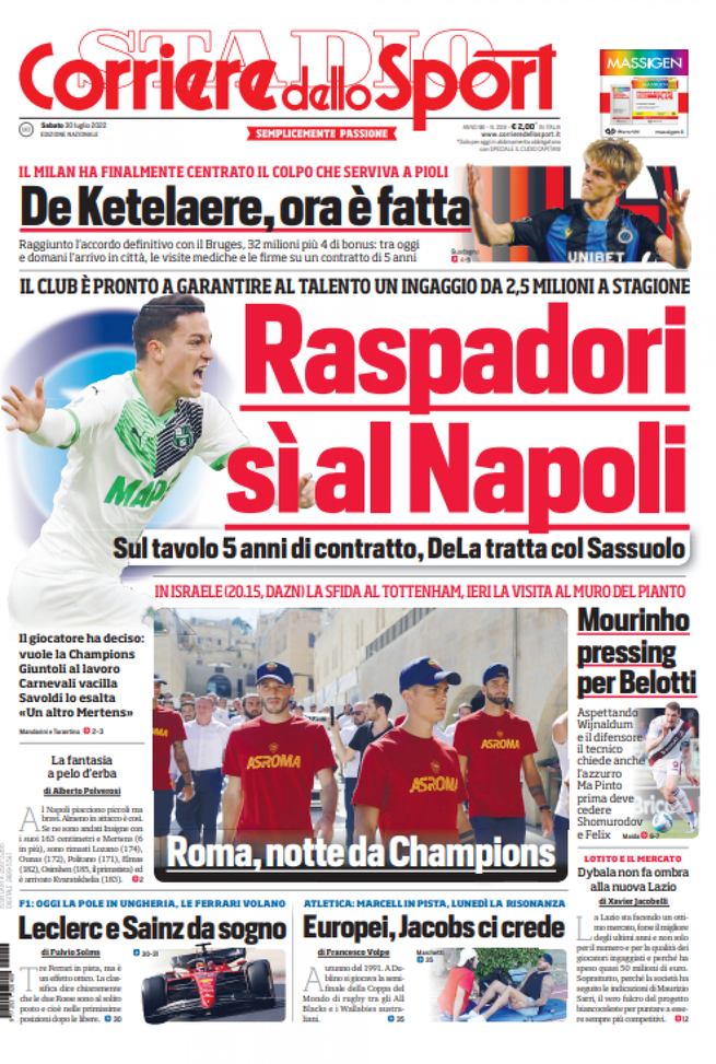 Il Corriere dello Sport, la prima pagina di oggi, sabato 30 luglio 2022