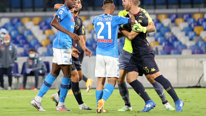 NAPLES, ITALY - SEPTEMBER 27: Victor Osimhen of SSC Napoli arguing with Andrea Masiello of Genoa CFC during the Serie A match between SSC Napoli and Genoa CFC at Stadio San Paolo on September 27, 2020 in Naples, Italy. (Photo by Francesco Pecoraro/Getty Images) NAPLES, ITALY - SEPTEMBER 27: Victor Osimhen of SSC Napoli arguing with Andrea Masiello of Genoa CFC during the Serie A match between SSC Napoli and Genoa CFC at Stadio San Paolo on September 27, 2020 in Naples, Italy. (Photo by Francesco Pecoraro/Getty Images)