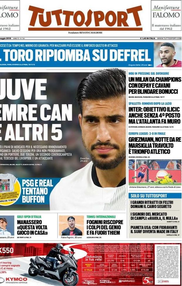Prima Pagina, Tuttosport: “Juve, Emre Can e altri 5. PSG e Real tentano Buffon. Il Toro piomba su Defrel. Milan da Champions con Cavani…” Prima Pagina, Tuttosport: “Juve, Emre Can e altri 5. PSG e Real tentano Buffon. Il Toro piomba su Defrel. Milan da Champions con Cavani…”