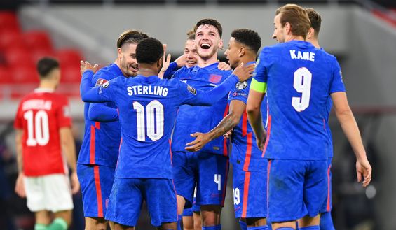 BUDAPEST, HUNGARY - SEPTEMBER 02: Declan Rice of England celebrates with teammates after scoring their team's fourth goal during the 2022 FIFA World Cup Qualifier match between Hungary and England at Stadium Puskas Ferenc on September 02, 2021 in Budapest, Hungary. (Photo by Michael Regan/Getty Images) BUDAPEST, HUNGARY - SEPTEMBER 02: Declan Rice of England celebrates with teammates after scoring their team's fourth goal during the 2022 FIFA World Cup Qualifier match between Hungary and England at Stadium Puskas Ferenc on September 02, 2021 in Budapest, Hungary. (Photo by Michael Regan/Getty Images)