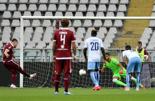 TURIN, ITALY - JUNE 30: Andrea Belotti of Torino FC scores a gaol a penalty during the Serie A match between Torino FC and SS Lazio at Stadio Olimpico di Torino on June 30, 2020 in Turin, Italy. (Photo by Marco Rosi - SS Lazio/Getty Images) TURIN, ITALY - JUNE 30: Andrea Belotti of Torino FC scores a gaol a penalty during the Serie A match between Torino FC and SS Lazio at Stadio Olimpico di Torino on June 30, 2020 in Turin, Italy. (Photo by Marco Rosi - SS Lazio/Getty Images)