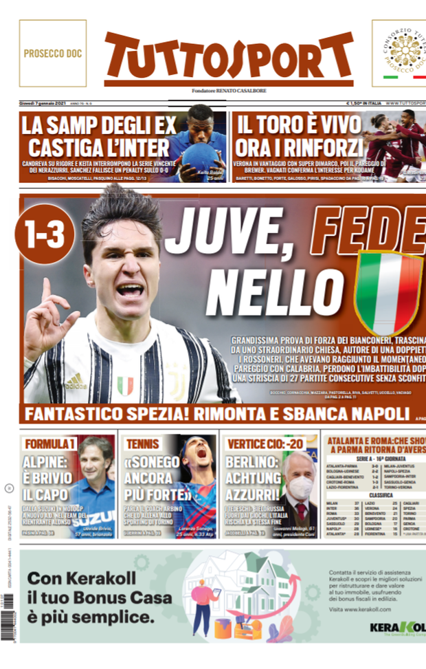 Prima Pagina, Tuttosport: “Juve, Fede nello scudetto. Fantastico Spezia! La Samp degli ex castiga l’Inter” 