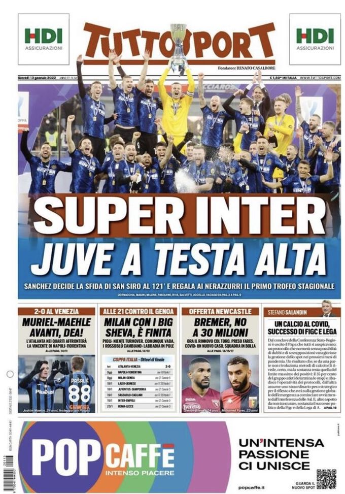 Prima Pagina, Tuttosport: “Super Inter, Juve a testa alta. Bremer, no a 30 milioni” Prima Pagina, Tuttosport: “Super Inter, Juve a testa alta. Bremer, no a 30 milioni” - immagine 1