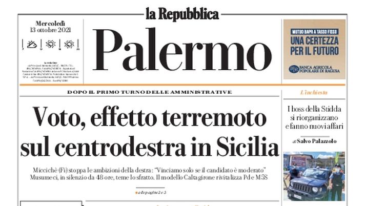 Prima Pagina, La Repubblica-Palermo: “Voto, effetto terremoto sul centrodestra” - immagine 1