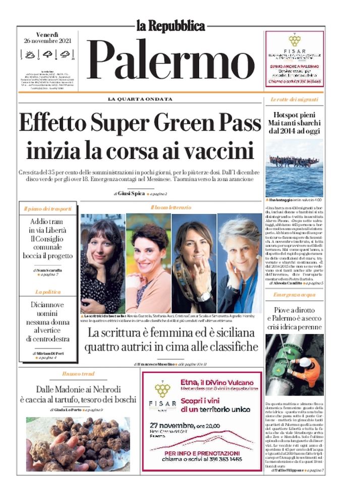 Prima Pagina, La Repubblica-Palermo: “Effetto Super Green Pass, corsa ai vaccini” Prima Pagina, La Repubblica-Palermo: “Effetto Super Green Pass, corsa ai vaccini”