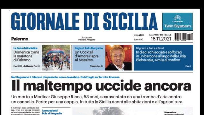 Prima Pagina, Giornale di Sicilia: “Il maltempo uccide ancora”  Prima Pagina, Giornale di Sicilia: “Il maltempo uccide ancora” - immagine 1