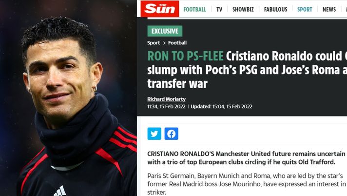 Ronaldo, il Sun: vuole lasciare lo United, interesse anche della Roma - immagine 1