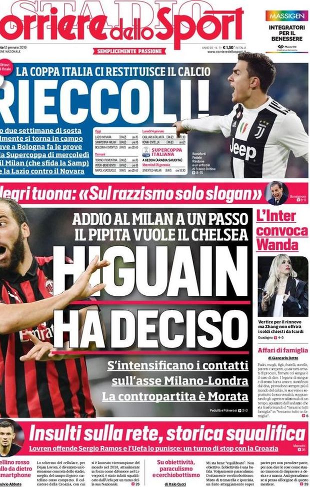 Prima Pagina, Corriere dello Sport: “Rieccoli! Higuain ha deciso. Insulti sulla rete, storica squalifica…” Prima Pagina, Corriere dello Sport: “Rieccoli! Higuain ha deciso. Insulti sulla rete, storica squalifica…”