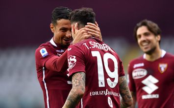  TURIN, ITALY - APRIL 03: Antonio Sanabria of Torino F.C. celebrates with teammate Armando Izzo after scoring their team's second goal during the Serie A match between Torino FC and Juventus at Stadio Olimpico di Torino on April 03, 2021 in Turin, Italy. Sporting stadiums around Italy remain under strict restrictions due to the Coronavirus Pandemic as Government social distancing laws prohibit fans inside venues resulting in games being played behind closed doors. (Photo by Valerio Pennicino/Getty Images)