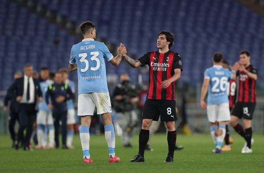 ROME, ITALY - APRIL 26: Sandro Tonali of A.C. Milan interacts with Francesco Acerbi of SS Lazio after the Serie A match between SS Lazio and AC Milan at Stadio Olimpico on April 26, 2021 in Rome, Italy. Sporting stadiums around Italy remain under strict restrictions due to the Coronavirus Pandemic as Government social distancing laws prohibit fans inside venues resulting in games being played behind closed doors. (Photo by Paolo Bruno/Getty Images) ROME, ITALY - APRIL 26: Sandro Tonali of A.C. Milan interacts with Francesco Acerbi of SS Lazio after the Serie A match between SS Lazio and AC Milan at Stadio Olimpico on April 26, 2021 in Rome, Italy. Sporting stadiums around Italy remain under strict restrictions due to the Coronavirus Pandemic as Government social distancing laws prohibit fans inside venues resulting in games being played behind closed doors. (Photo by Paolo Bruno/Getty Images)