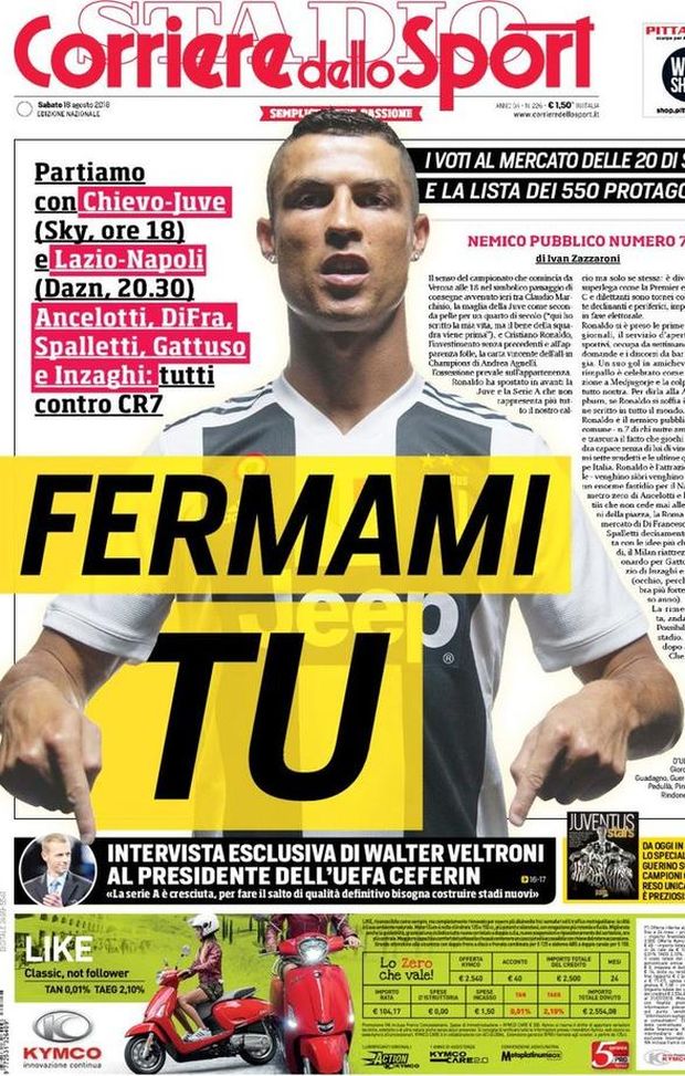Prima Pagina, Corriere dello Sport: “Fermami tu: tutti contro CR7. Ceferin: ‘La Serie A è cresciuta’…” Prima Pagina, Corriere dello Sport: “Fermami tu: tutti contro CR7. Ceferin: ‘La Serie A è cresciuta’…”