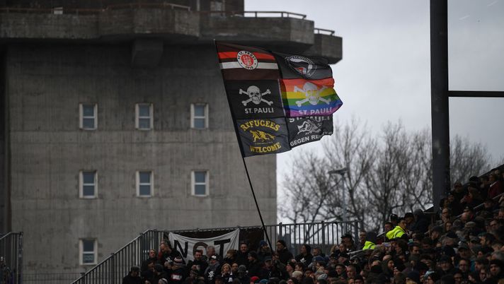 HAMBURG, GERMANY - FEBRUARY 01: Fans of St.Pauli show their support during the Second Bundesliga match between FC St. Pauli and VfB Stuttgart at Millerntor Stadium on February 01, 2020 in Hamburg, Germany. (Photo by Stuart Franklin/Bongarts/Getty Images) 