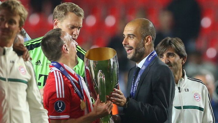 PRAGUE, CZECH REPUBLIC - AUGUST 30: Franck Ribery of Bayern Muenchen celebrates with his head coach Pep Guardiola after winning the UEFA Super Cup between FC Bayern Muenchen and Chelsea FC at Stadion Eden on August 30, 2013 in Prague, Czech Republic. (Photo by Alexander Hassenstein/Bongarts/Getty Images) PRAGUE, CZECH REPUBLIC - AUGUST 30: Franck Ribery of Bayern Muenchen celebrates with his head coach Pep Guardiola after winning the UEFA Super Cup between FC Bayern Muenchen and Chelsea FC at Stadion Eden on August 30, 2013 in Prague, Czech Republic. (Photo by Alexander Hassenstein/Bongarts/Getty Images)