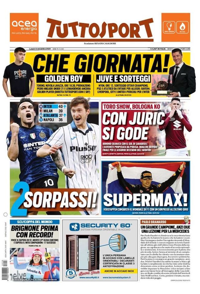 Prima Pagina, Tuttosport: “Che giornata! Golden Boy, Juve e sorteggi. 2 sorpassi!”  Prima Pagina, Tuttosport: “Che giornata! Golden Boy, Juve e sorteggi. 2 sorpassi!” - immagine 1