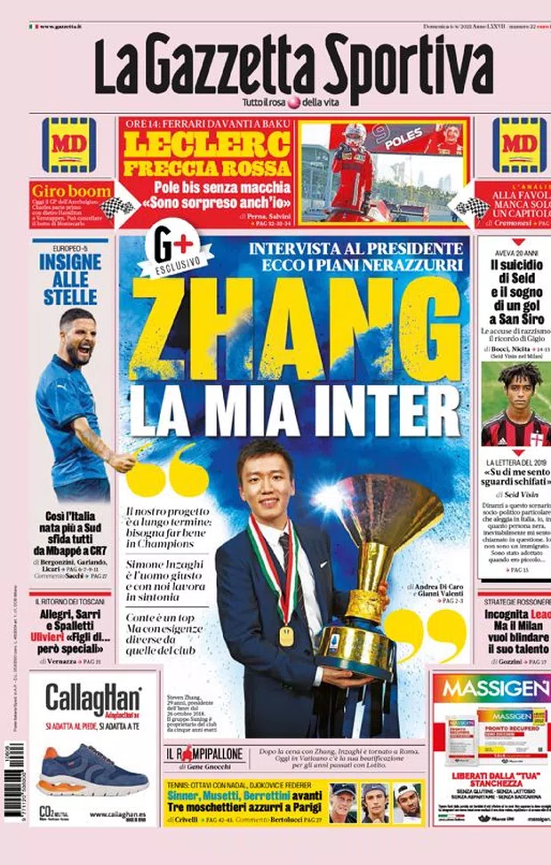 Prima Pagina, La Gazzetta dello Sport: “Zhang, la mia inter. Insigne alle stelle”