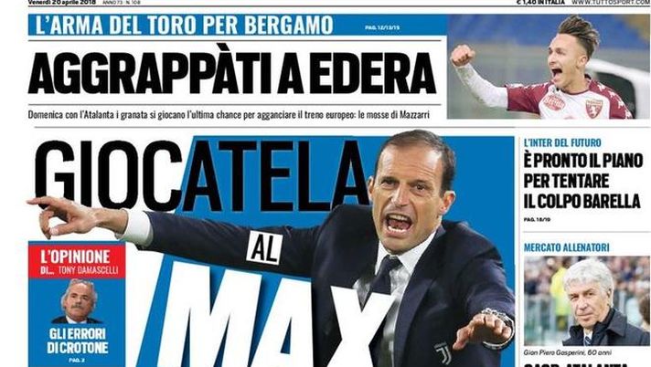 Prima Pagina, Tuttosport: “Giocatela al Max. Edera l’arma del Toro per Bergamo. Inter, piano per Barella. Tutti uniti contro la violenza…”  Prima Pagina, Tuttosport: “Giocatela al Max. Edera l’arma del Toro per Bergamo. Inter, piano per Barella. Tutti uniti contro la violenza…”