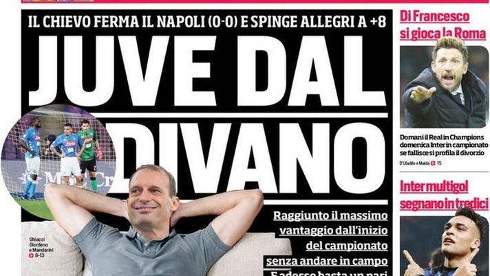 Prima Pagina, Corriere dello Sport: “Juve dal divano. Il ringhio di Correa. Inter multigol. River-Boca…” Prima Pagina, Corriere dello Sport: “Juve dal divano. Il ringhio di Correa. Inter multigol. River-Boca…”
