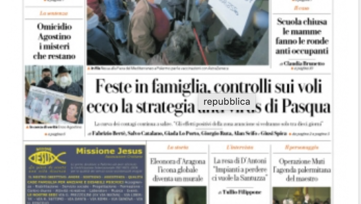 Prima Pagina, La Repubblica Palermo: &#8220;Vaccini, prove di ripartenza. Riparte la somministrazione&#8221; 