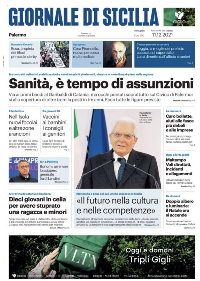 Prima Pagina, Giornale di Sicilia: “Focolaio nell’isola. Sanità, tempo di assunzioni” prima pagina