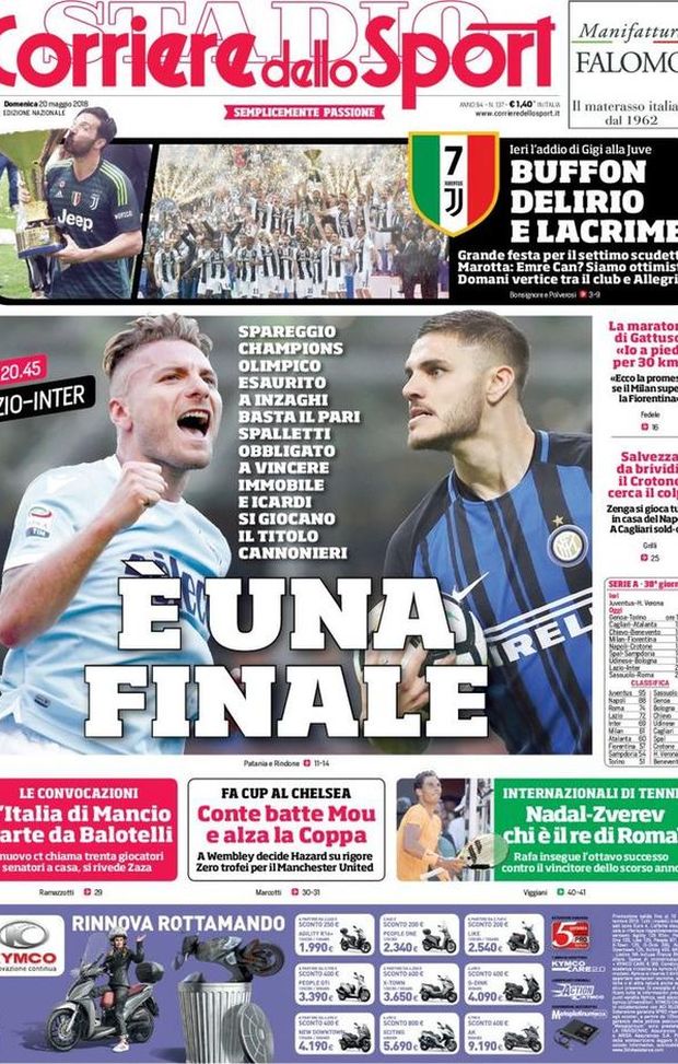 Prima Pagina, Corriere dello Sport: “Lazio-Inter: è una finale. Buffon, delirio e lacrime. La maratona di Gattuso. Salvezza da brividi…” 