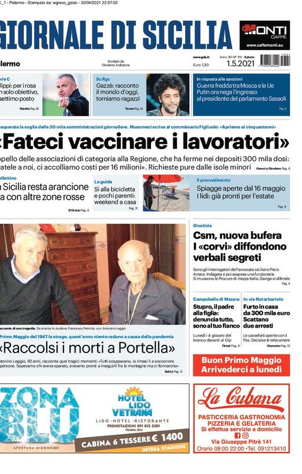 Prima Pagina, Giornale di Sicilia: “Fateci vaccinare i lavoratori! La Sicilia resta arancione” Prima Pagina, Giornale di Sicilia: “Fateci vaccinare i lavoratori! La Sicilia resta arancione”