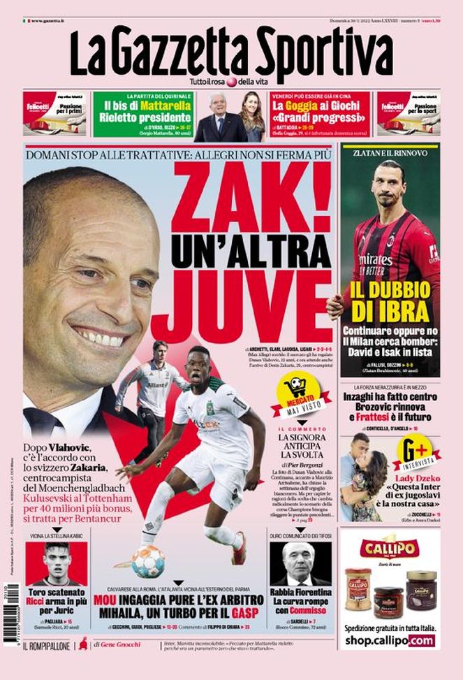 La Gazzetta dello Sport, la prima pagina di oggi, domenica 30 gennaio 2022