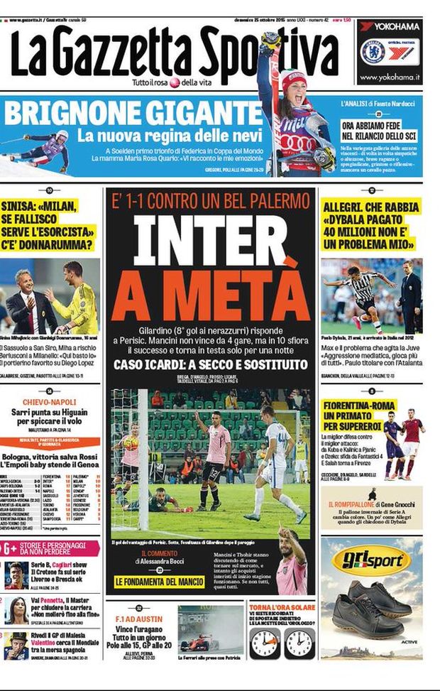 Prima Pagina, La Gazzetta dello Sport: &#8220;Inter a metà, 1-1 contro un bel Palermo. Gilardino (8° gol ai nerazzurri) risponde a Perisic&#8221; 