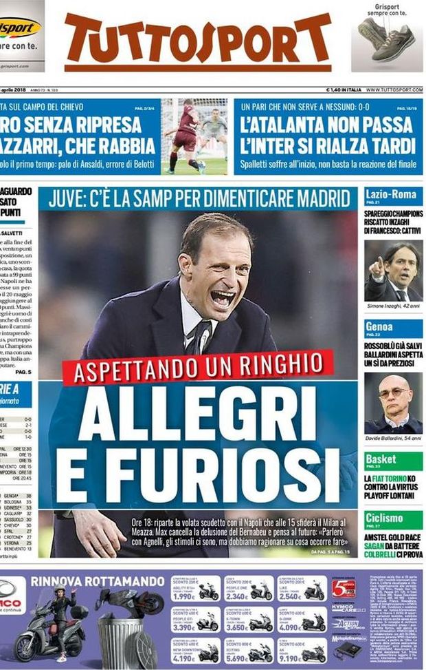 Prima Pagina, Tuttosport: “Allegri e furiosi. Mazzarri, che rabbia. Lazio-Roma spareggio Champions. Ballardini aspetta Preziosi…” Prima Pagina, Tuttosport: “Allegri e furiosi. Mazzarri, che rabbia. Lazio-Roma spareggio Champions. Ballardini aspetta Preziosi…”