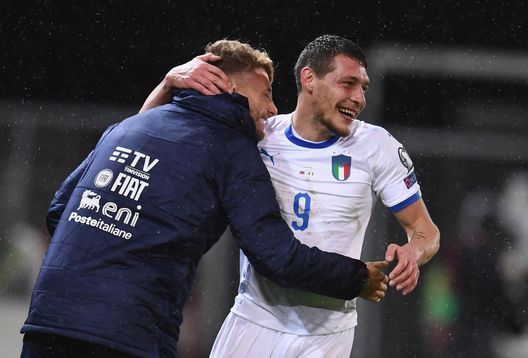  VADUZ, LIECHTENSTEIN - OCTOBER 15: Andrea Belotti of Italy celebrates with Ciro Immobile of Italy after scoring the second goal during the UEFA Euro 2020 qualifier between Liechtenstein and Italy on October 15, 2019 in Vaduz, Liechtenstein. (Photo by Claudio Villa/Getty Images) 