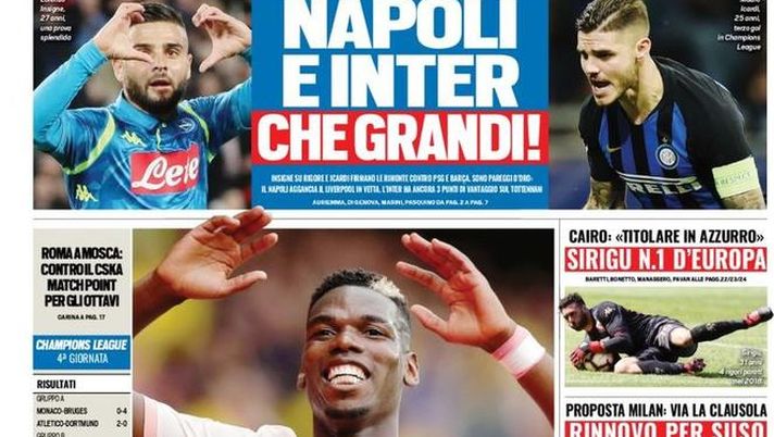 Prima Pagina, Tuttosport: “Napoli e Inter, che grandi! Pogba torna a casa! Rinnovo per Suso, il Milan…”  Prima Pagina, Tuttosport: “Napoli e Inter, che grandi! Pogba torna a casa! Rinnovo per Suso, il Milan…”