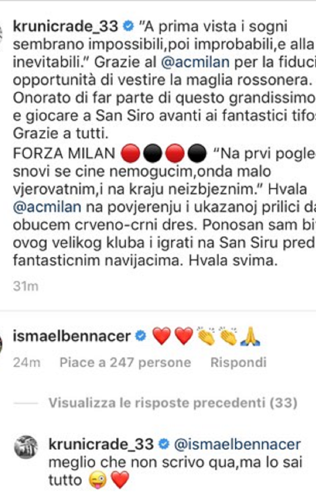 Rade Krunic risponde al like di Bennacer, Instagram Krunic 