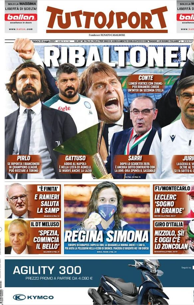 Prima Pagina, Tuttosport: “Ribaltone. Pirlo può restare, Gattuso addio. Conte chiede garanzie” Prima Pagina, Tuttosport: “Ribaltone. Pirlo può restare, Gattuso addio. Conte chiede garanzie”