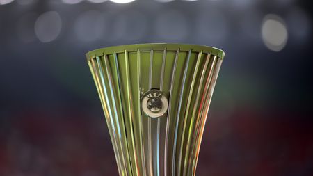 TIRANA, ALBANIA - MAY 25: A detailed view of the UEFA Europa Conference League Trophy is seen prior to the UEFA Conference League final match between AS Roma and Feyenoord at Arena Kombetare on May 25, 2022 in Tirana, Albania. (Photo by Alex Pantling/Getty Images)