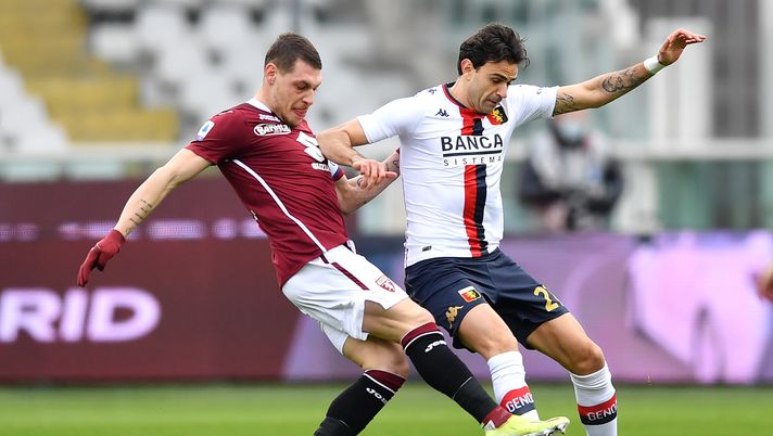 TURIN, ITALY - FEBRUARY 13: Andrea Belotti of Torino battles for possession with Ivan Radovanovic of Genoa during the Serie A match between Torino FC and Genoa CFC at Stadio Olimpico di Torino on February 13, 2021 in Turin, Italy. Sporting stadiums around Italy remain under strict restrictions due to the Coronavirus Pandemic as Government social distancing laws prohibit fans inside venues resulting in games being played behind closed doors. (Photo by Valerio Pennicino/Getty Images) TURIN, ITALY - FEBRUARY 13: Andrea Belotti of Torino battles for possession with Ivan Radovanovic of Genoa during the Serie A match between Torino FC and Genoa CFC at Stadio Olimpico di Torino on February 13, 2021 in Turin, Italy. Sporting stadiums around Italy remain under strict restrictions due to the Coronavirus Pandemic as Government social distancing laws prohibit fans inside venues resulting in games being played behind closed doors. (Photo by Valerio Pennicino/Getty Images)